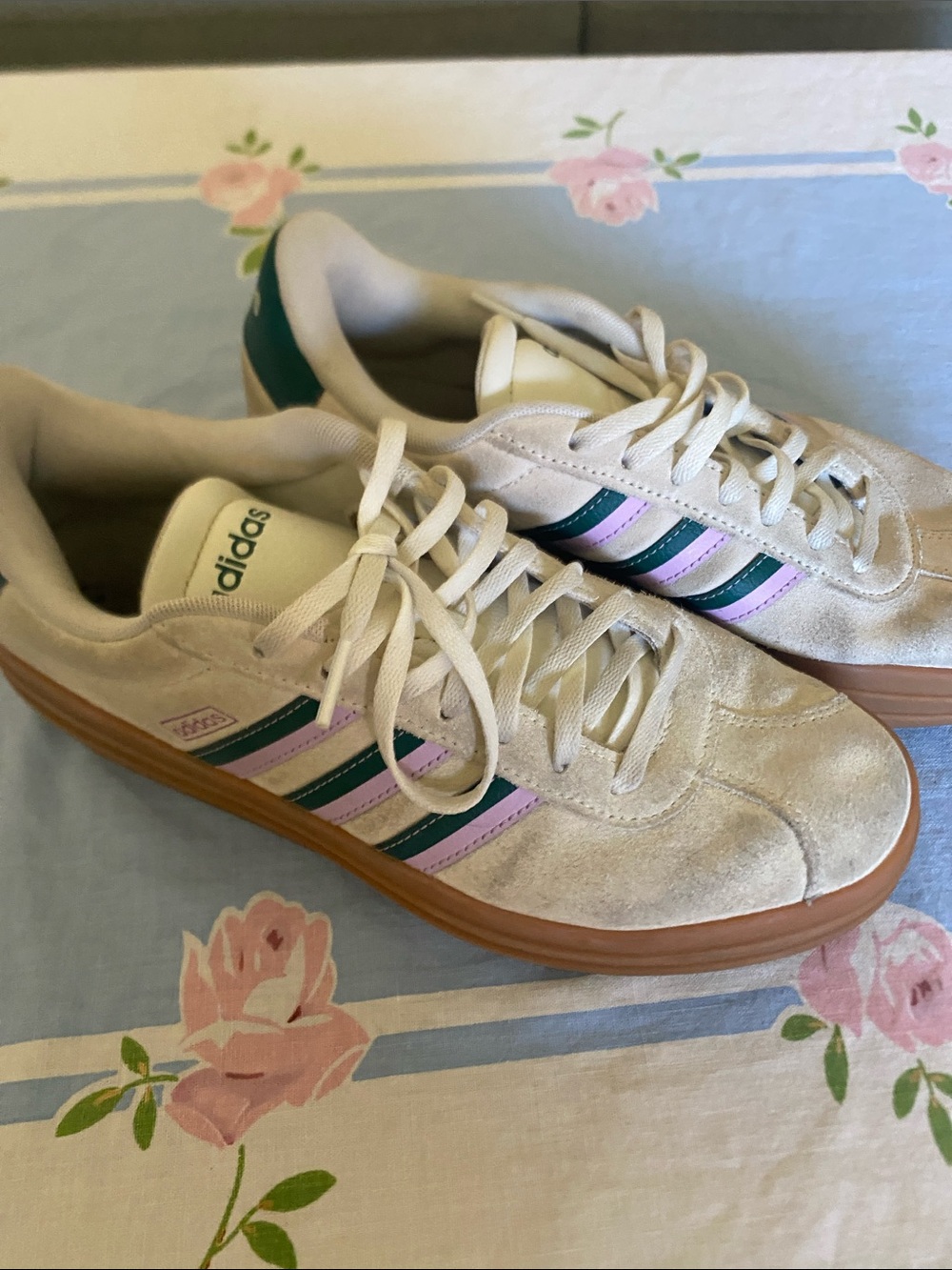 adidas Women's Cream Suede Sneakers with Green & Purple Stripes